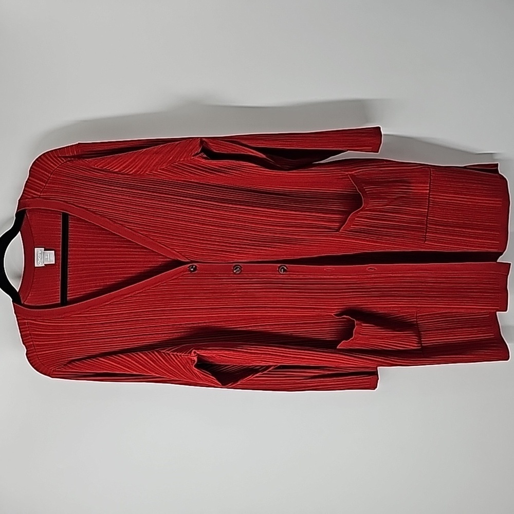 Chico's Brick Red Vneck Longline Ribbed Button Front‎ Cardigan w Pockets